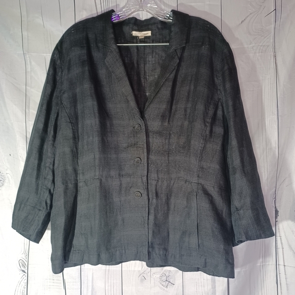 Eileen Fisher 3/4 Sleeve Black Striped Plaid 100% Linen Button-Up Blazer - Picture 3 of 14